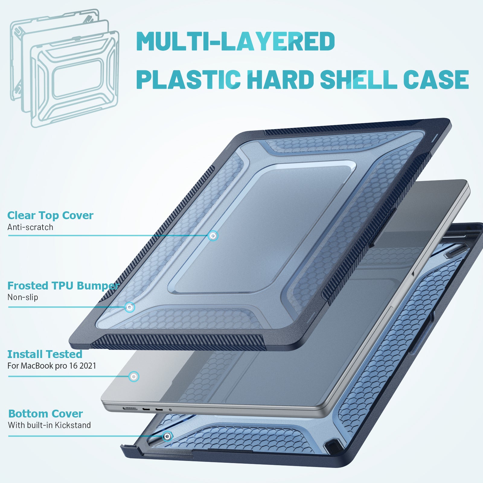 For MacBook Pro 16 inch (2021) A2485 M1 Pro / M1 Max Kickstand Shockproof Laptop Case Hard PC Soft TPU Protective Cover - Sapphire For MacBook Pro 16 inch (2021) A2485 M1 Pro / M1 Max Kickstand Shockproof Laptop Case Hard PC Soft TPU Protective Cover - Sapphire